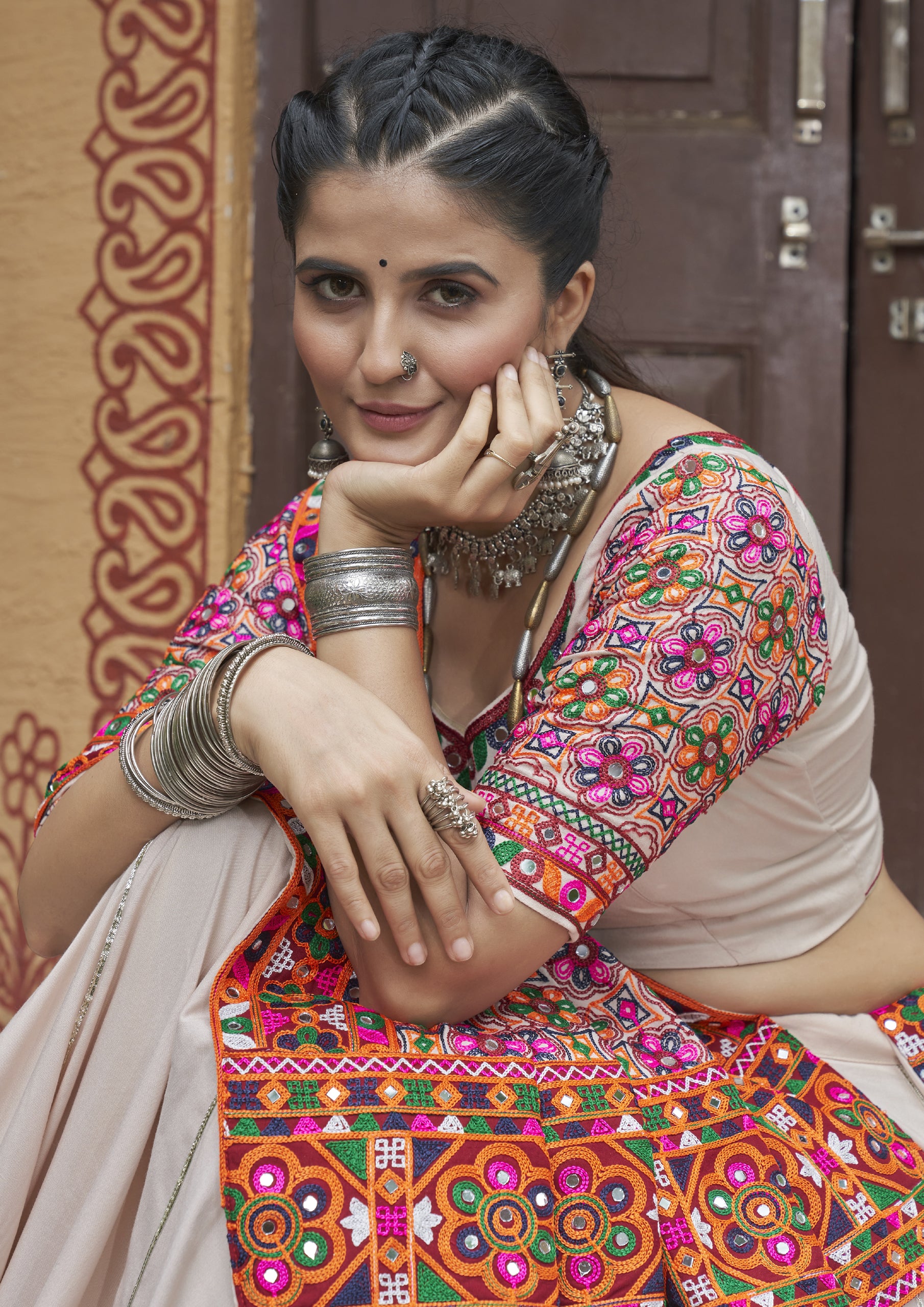 Beige Color Viscose Rayon Embroidered Garba Wear Lehenga